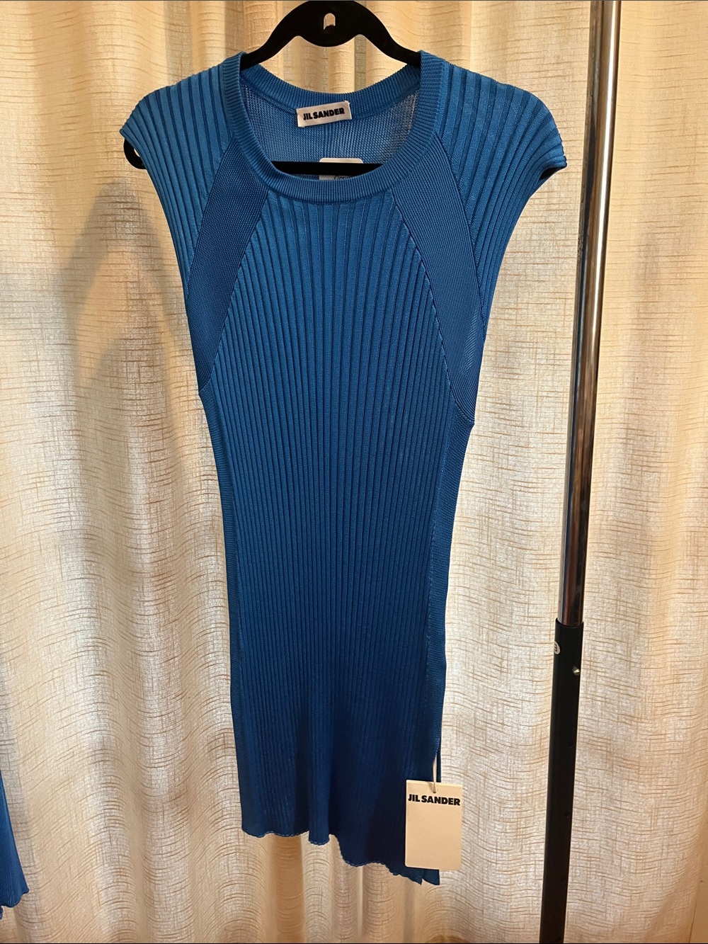 Jil Sander Teal-Blue Ribbed Knit Cap-Sleeve Dress